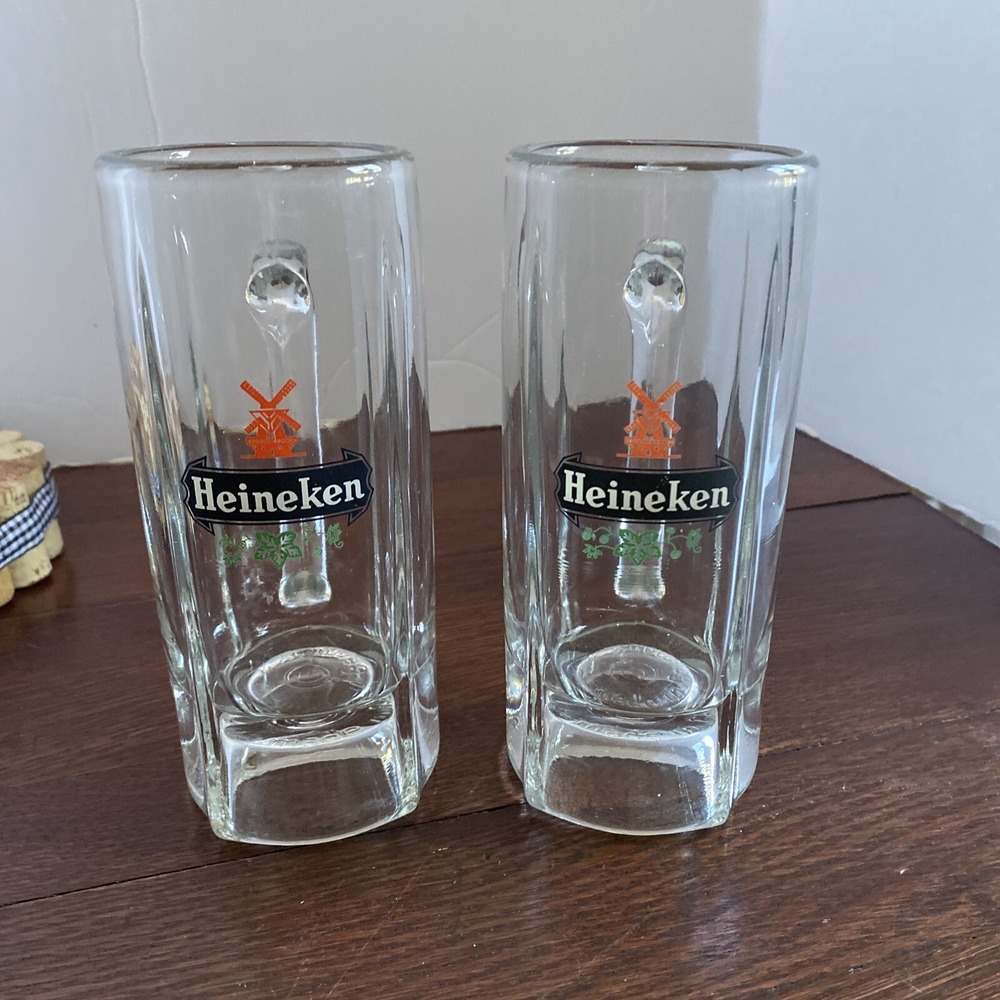 Heineken Beer Stein Mugs‎ 2 Heavy Thick Clear Glass Holland Windmill 6.5 Vintage